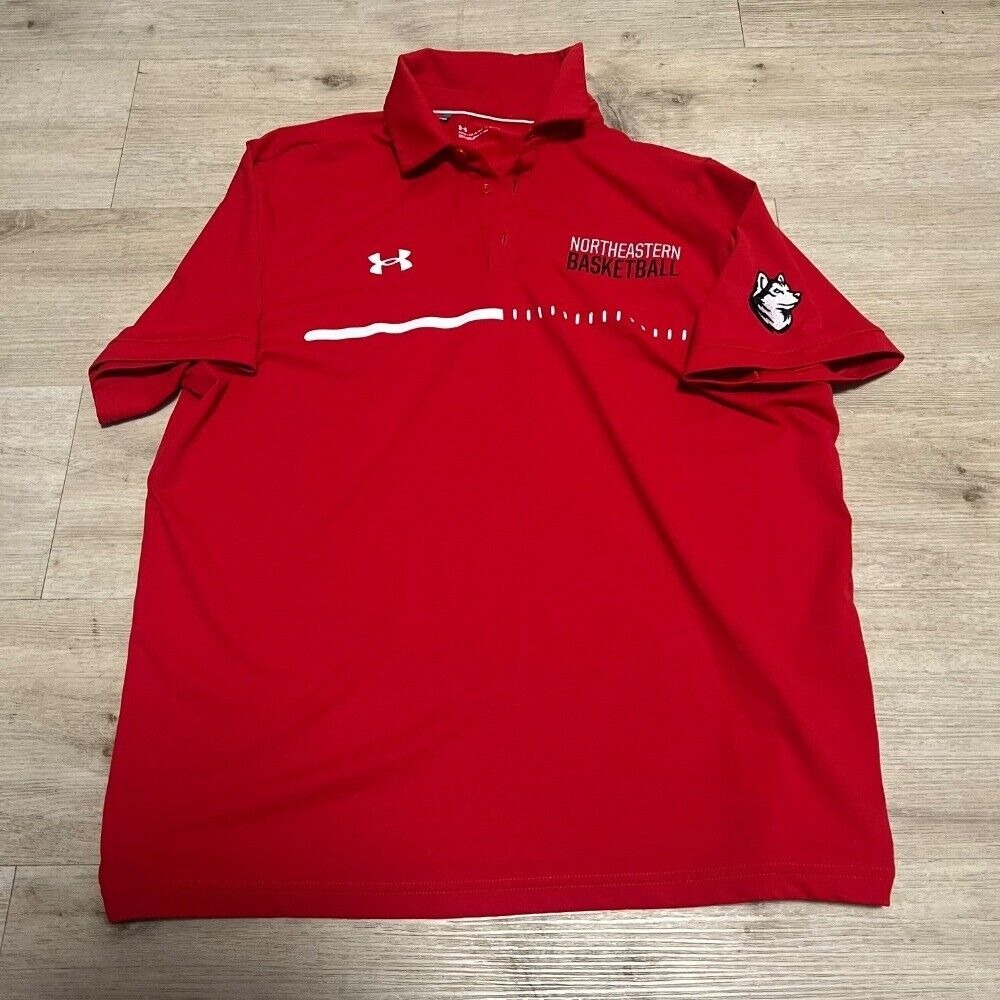 Northeastern Huskies Basketball Polo Shirt Red Mens L Under Armour Boston NCAA